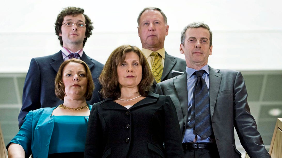 Chris Addison, James Smith, Joanna Scanlan, Rebecca Front, and Peter Capaldi, The Thick of It